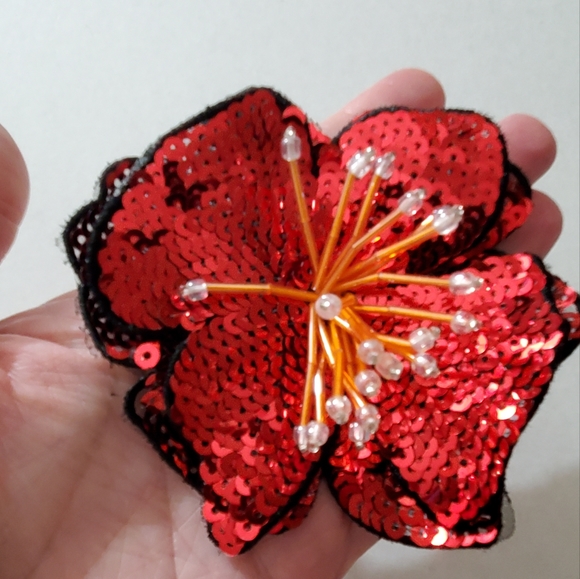 3D hibiscus beaded applique flower sew on iron on patch sequins tropical red - Picture 6 of 9